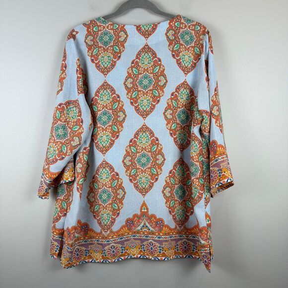 Cynthia Rowley Top Women 1X Blue Orange Medallion Print Split Neck Boho Tunic - Picture 3 of 9